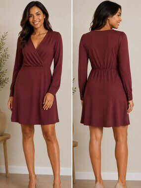 H&M Women's Burgundy Faux Wrap Dress Size 8 Long Sleeve Stretch Knee Length